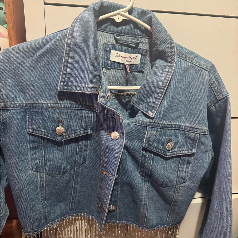 Denim Blue Cropped Jacket with Fringe